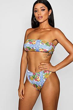 Boohoo Fruit Print High Leg Bandeau Bikini