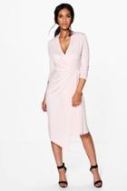Boohoo Alicia Long Sleeve Wrap Front Midi Dress Nude