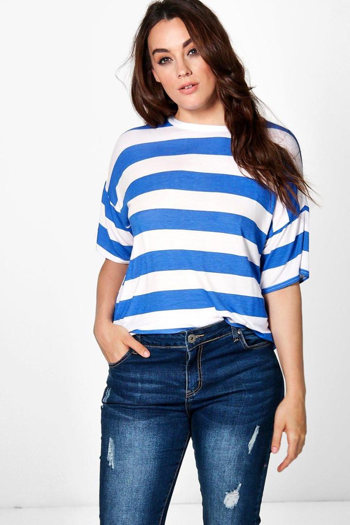 Boohoo Plus Kady Stripe Print Tee Cobalt