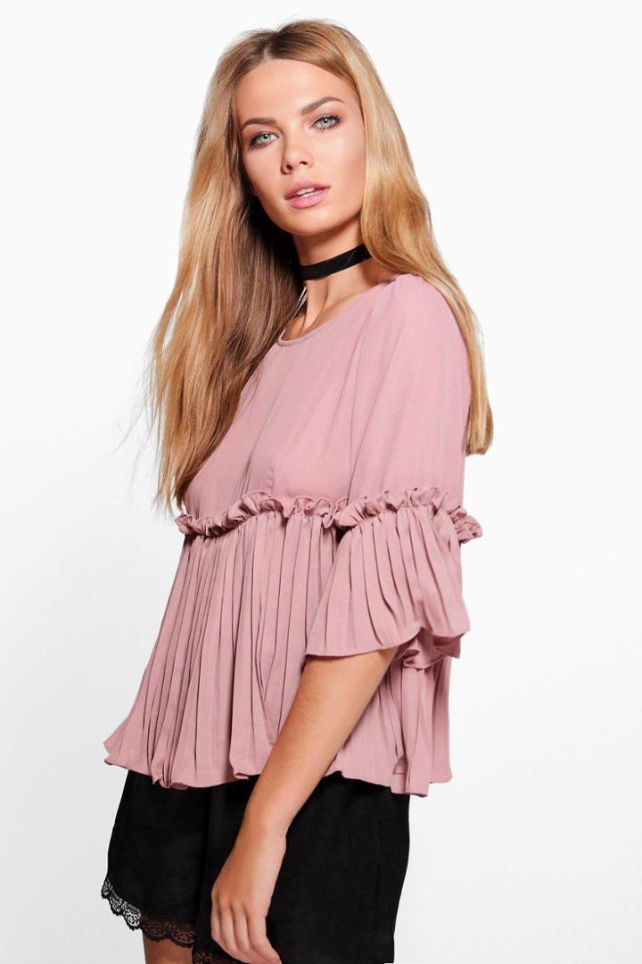 Boohoo Ella Ruffle Pleated Woven Top Rose