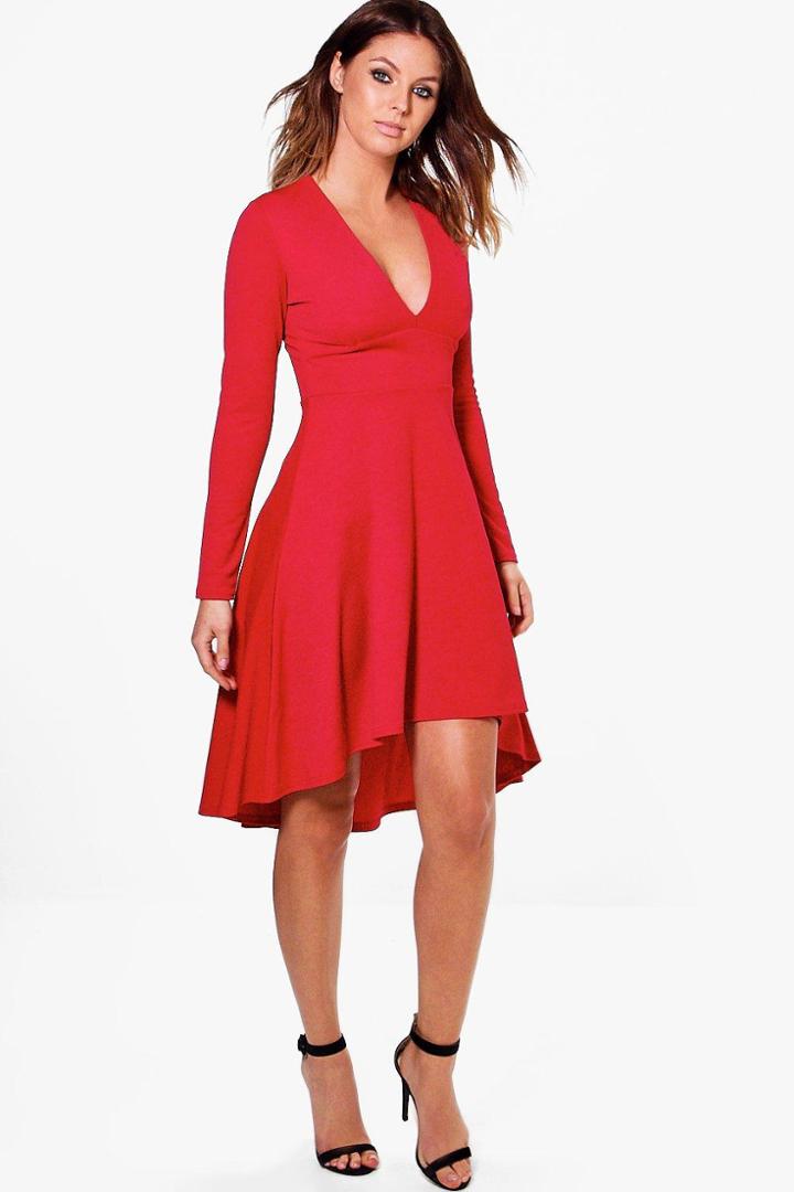 Boohoo Kia Long Sleeve Plunge Dip Hem Skater Dress Red