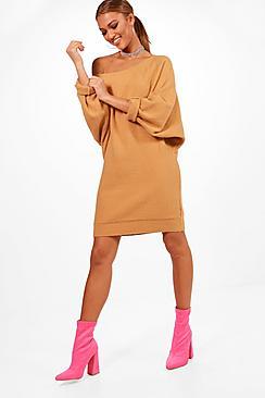 Boohoo Samantha Slash Neck Oversized Slouchy Soft Knit Dress