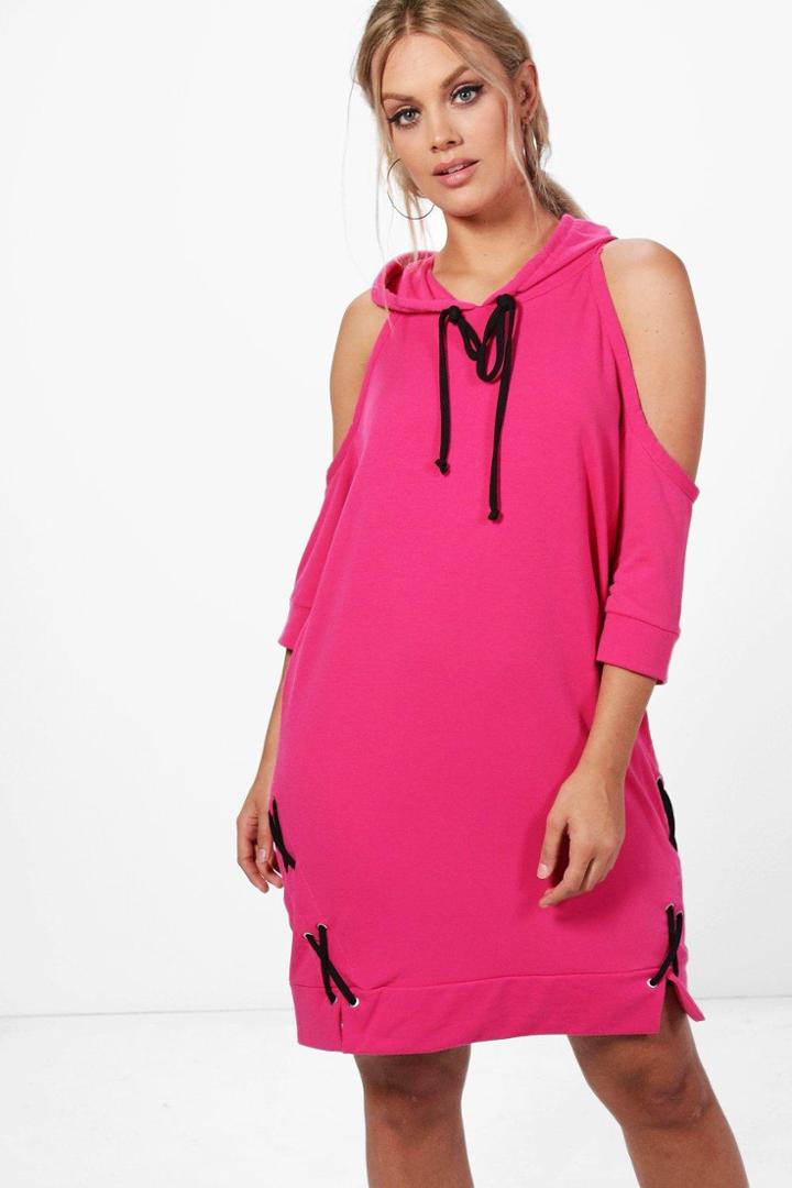 Boohoo Plus Alexia Lace Up Detail Hooded Sweat Dress Cerise