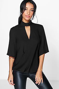 Boohoo Maya High Cut Out Choker Neck Wrap Front Blouse