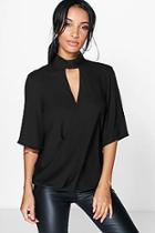 Boohoo Maya High Cut Out Choker Neck Wrap Front Blouse