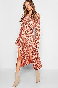 Boohoo Leopard Collar Button Through Belted Midi Dress