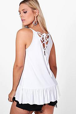 Boohoo Plus Bethanie Lace Up Back Ruffle Cami