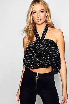 Boohoo Spot Tie Halter Neck Ruffle Crop