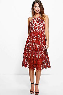 Boohoo Boutique Ria Strappy Lace Midi Skater Dress