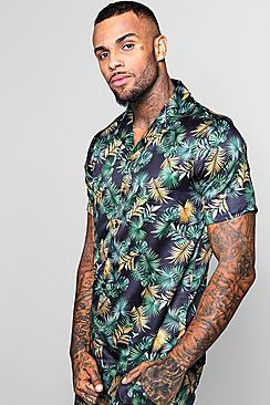 Boohoo Leaf Print Short Sleeve Revere Satin Shirt Co-ord
