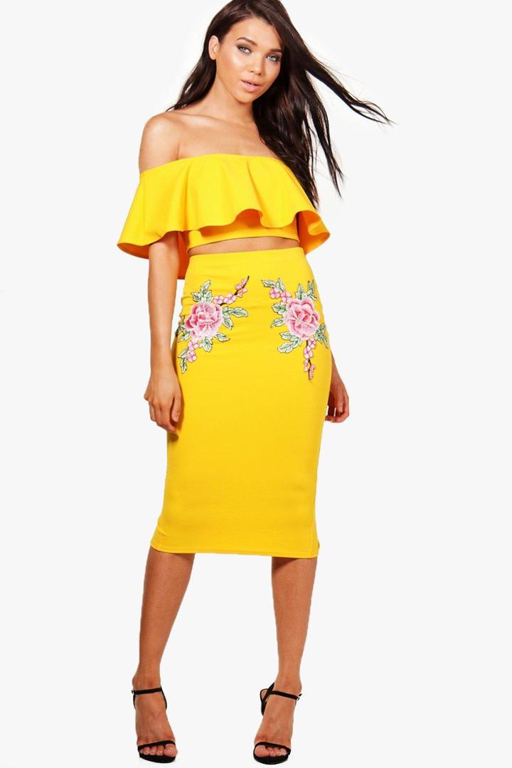 Boohoo Petite Anna Embroidered Crop And Midi Skirt Co-ord Freesia