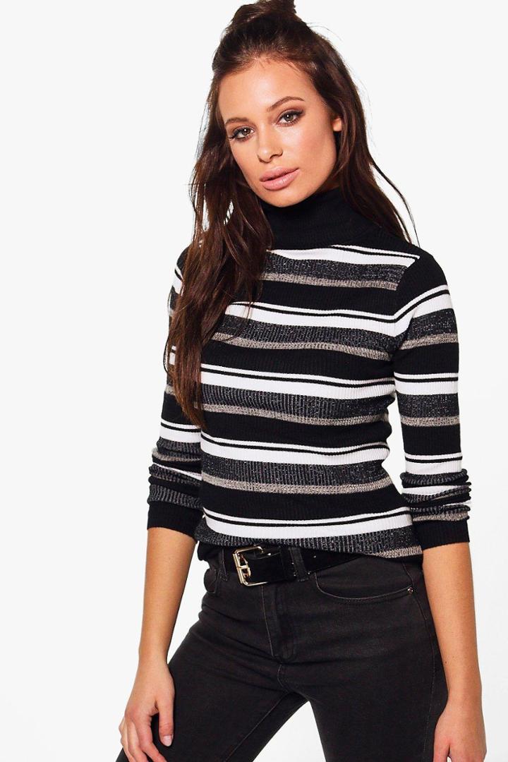 Boohoo Abigail Turtle Neck Stripe Rib Knit Jumper Black