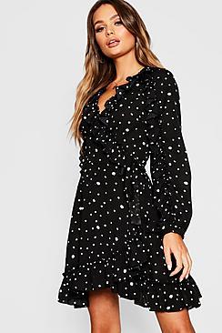 Boohoo Ruffle Detail Polka Dot Tea Dress