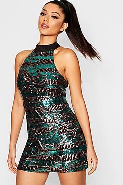 Boohoo Sequin Print High Neck Bodycon Dress