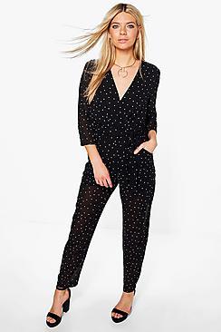 Boohoo Hani Wrap Front Polka Dot Jumpsuit