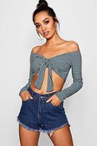 Boohoo Petite Lesley Stripe Tie Front Off The Shoulder Crop Top