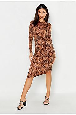 Boohoo Tie Front Snake Print Midi Dress