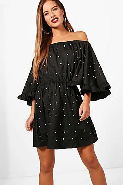 Boohoo Petite Cindy Bardot Ruffle Sleeve Skater Dress