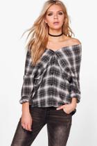 Boohoo Rosie Checked Off The Shoulder Shirt Black