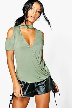 Boohoo Kaylee Choker Detail Wrap Front Top