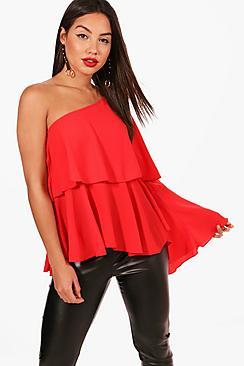 Boohoo Maisy One Shoulder Frill Woven Top