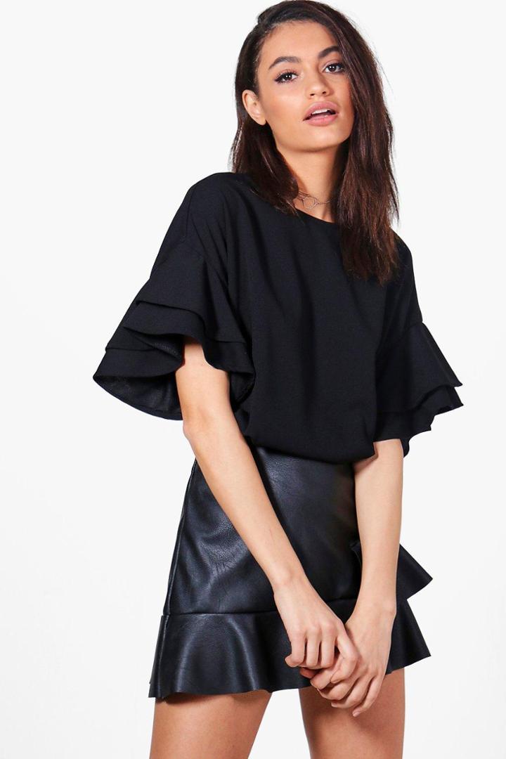 Boohoo Keely Ruffle Sleeve Woven Top Black