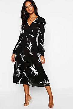 Boohoo Tall Floral Print Wrap Midi Dress