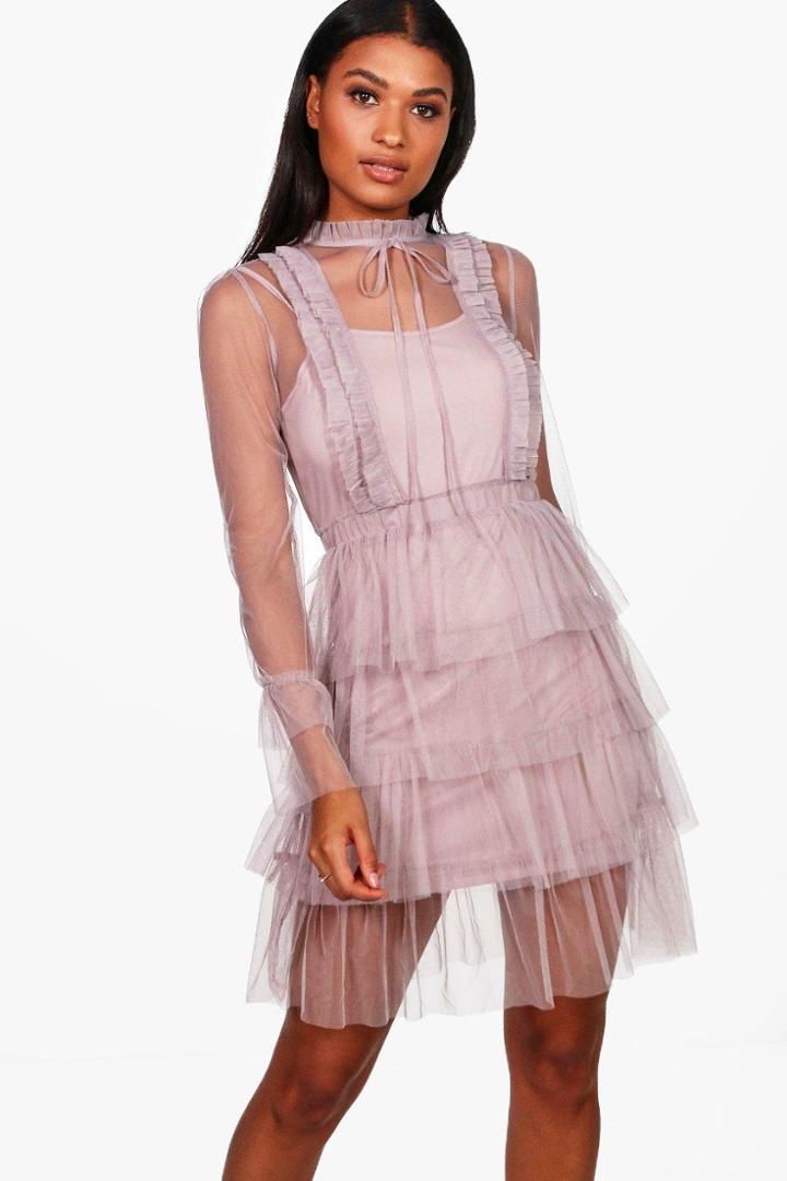 Boohoo Boutique Emma Mesh High Neck Tierred Dress Nude