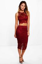 Boohoo Lily Lace Scallop Crop & Midi Skirt Co-ord Skirt Berry