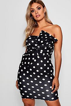 Boohoo Plus Ruth Spotty Bow Front Bandeau Dress