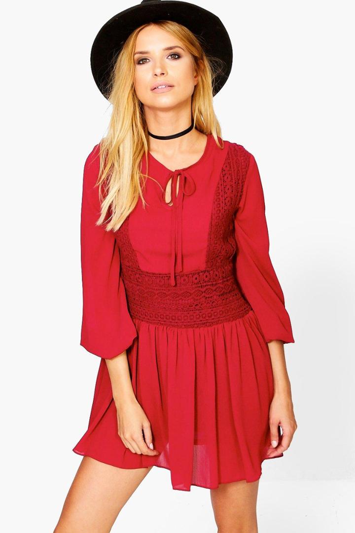 Boohoo Victoria Volumised Sleeve Lace Skater Dress Merlot