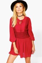 Boohoo Victoria Volumised Sleeve Lace Skater Dress Merlot