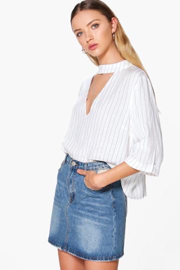Boohoo Shama Striped Choker Blouse White