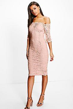 Boohoo Boutique Crochet Off Shoulder Midi Dress
