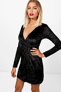 Boohoo Crushed Velvet Wrap Bodycon Dress
