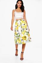 Boohoo Saskia Lemon Print Box Pleat Full Midi Skirt