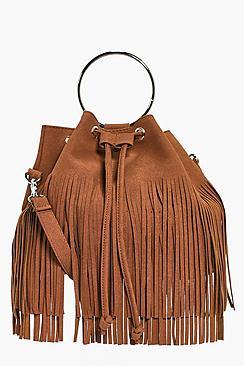 Boohoo Lena Fringed Duffle Bag With Circle Trim