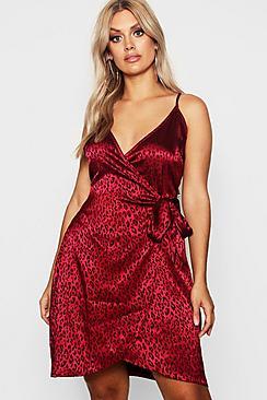 Boohoo Plus Leopard Satin Jaquard Wrap Dress