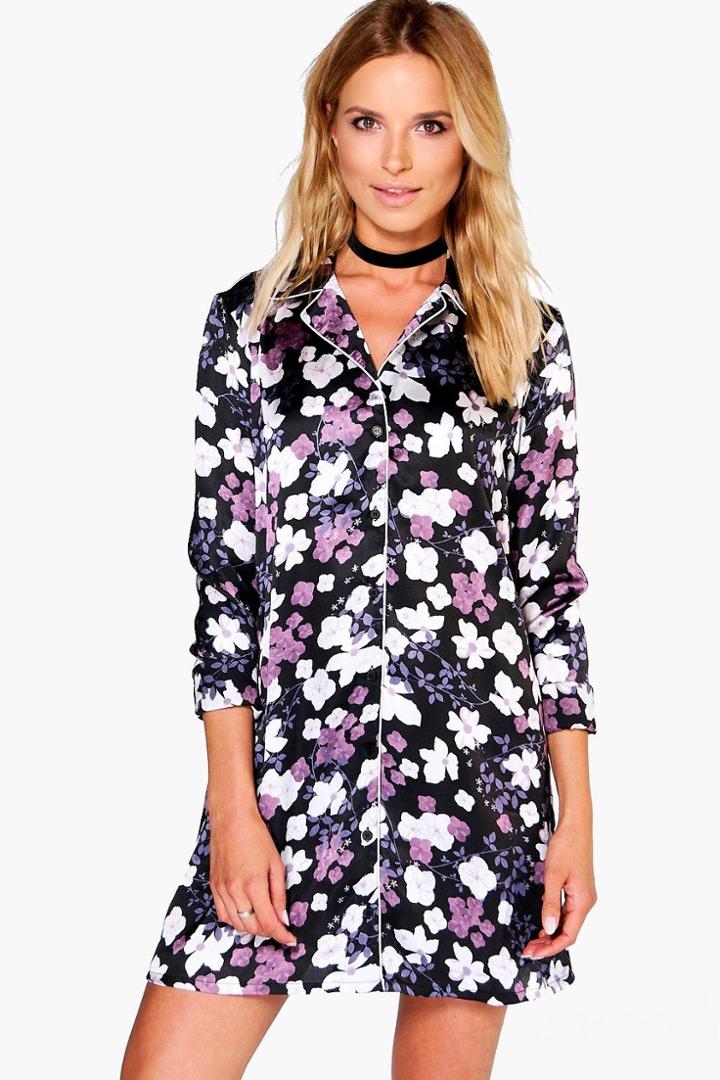 Boohoo Flossie Floral Satin Piping Shirt Dress Black