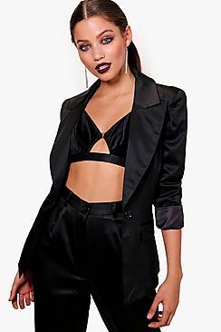 Boohoo Power Shoulder Satin Suit Jacket
