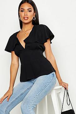 Boohoo Plunge Front Angel Sleeve Peplum Top