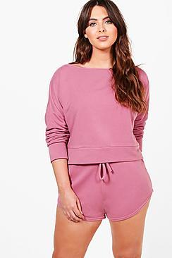 Boohoo Plus Georgia Slash Neck Lounge Top & Short Set