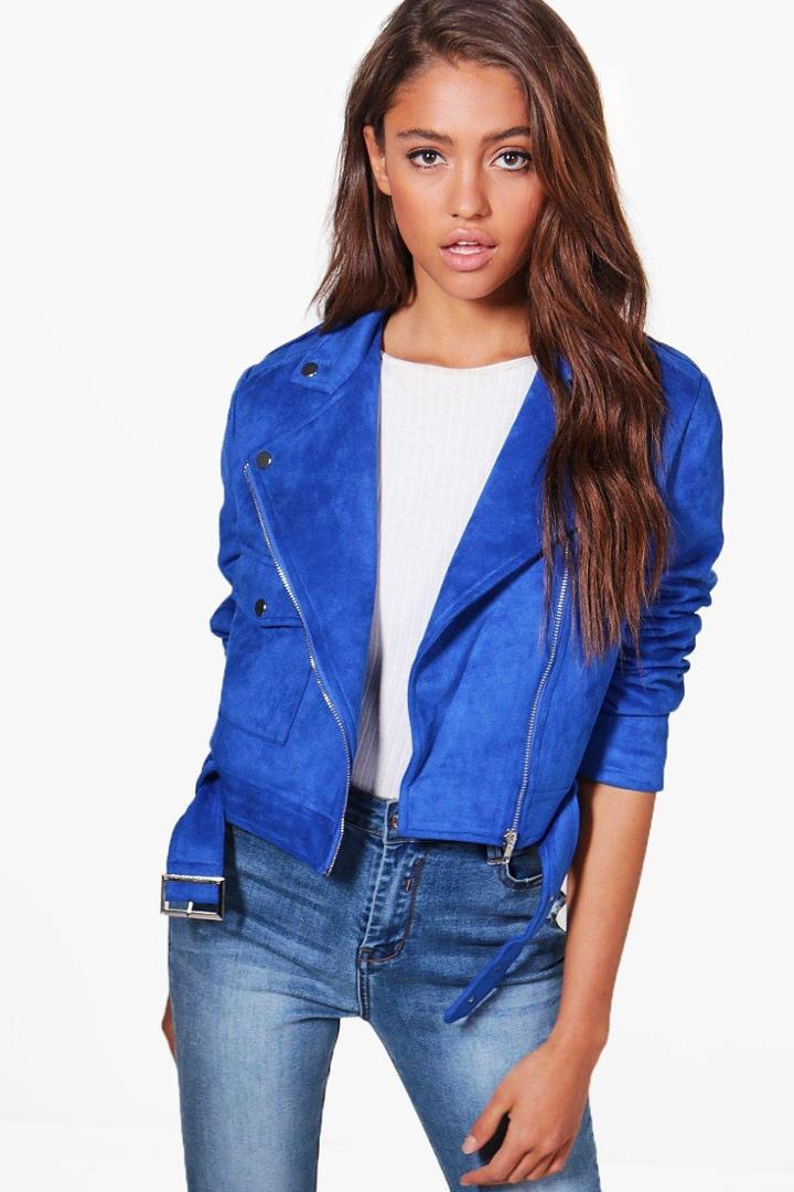 Boohoo Jessica Suedette Biker Jacket Blue