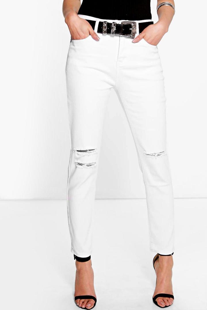 Boohoo Hilary High Waisted Slit Knee Skinny Jeans White