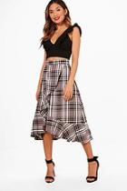 Boohoo Bridie Large Check And Frill Woven Midi Skirt