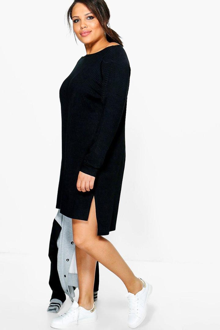 Boohoo Plus Emily Slash Neck Knitted Tunic Black