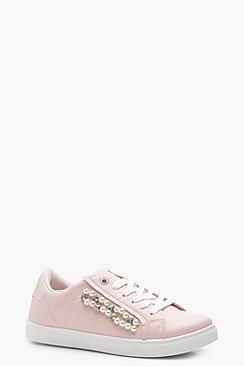 Boohoo Kat Pearl & Diamante Ribbon Lace Trainer