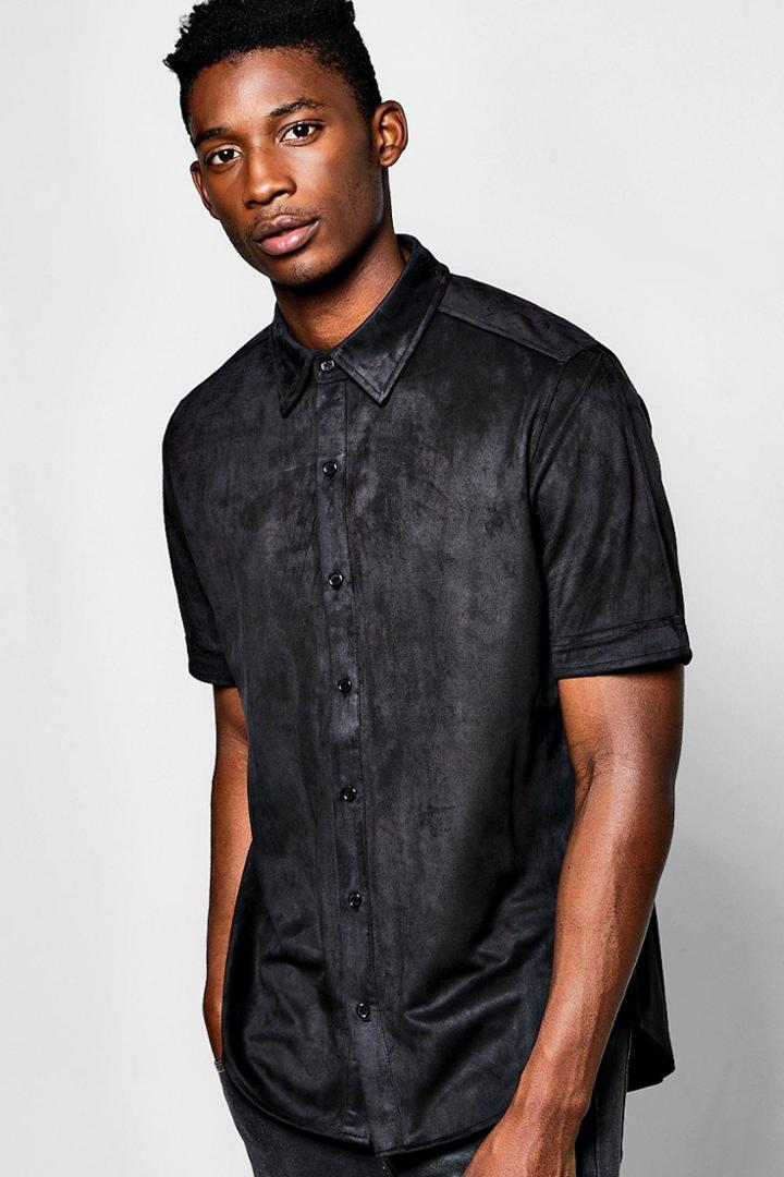 Boohoo Short Sleeve Faux Suede Shirt Black