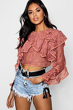 Boohoo Ruffle Lace Woven Crop