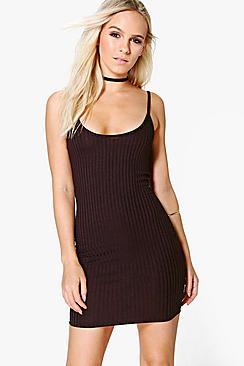 Boohoo Petite Hana Ribbed Strappy Bodycon Dress